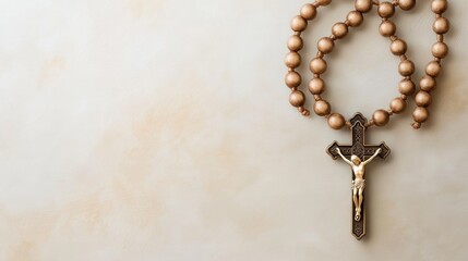 A close-up of a rosary with a crucifix, symbolizing faith and spirituality.