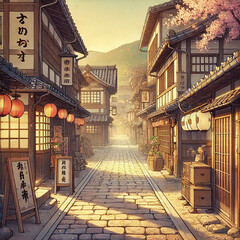 Black and white houses and buildings of Japan in anime style