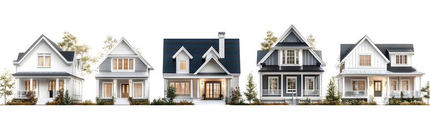 Row of five traditional style suburban homes with front porches and a white picket fence on a grassy lawn isolated on a transparent background.