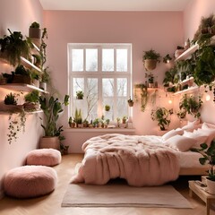  light pink bedroom with wooden floors, white walls and windows