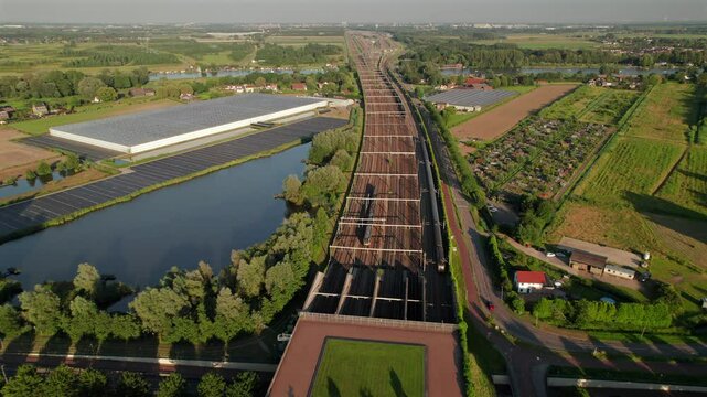 Drone Flyover Barendrecht Railway Station Tracks In Barendrecht, Netherlands. Aerial Shot