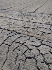 晩秋のひび割れた黒い畑風景