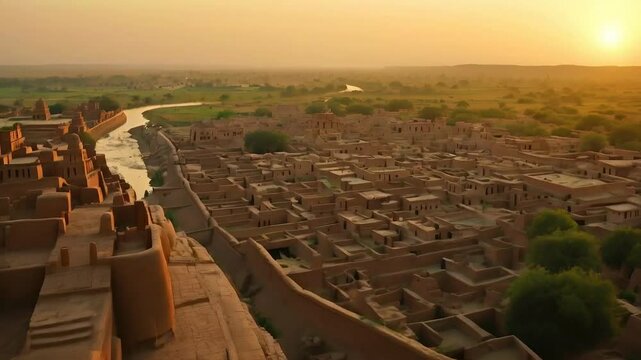 Indus Valley Civilization at Twilight
A view of an ancient city with mud-brick buildings and bustling streets. The camera pulls back, revealing a network of cities connected by rivers and farmlands st
