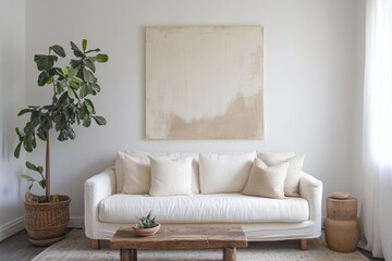 A simple living area features a comfy white couch wooden table and muted decor An oversized abstract artwork adorns the wall while a potted plant brings in some greenery