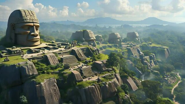 Olmec Civilization from a Mountain Peak: A wide shot from a cliff overlooking an Olmec city, with massive stone heads and structures scattered across the landscape.