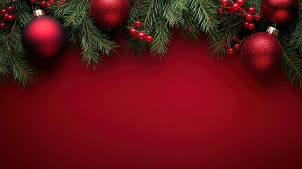Obraz premium Christmas banner fir twigs with red ball decoration on bright red background