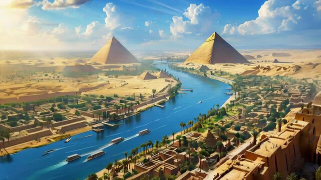 Ancient Egypt: A sweeping bird&rsquo;s-eye view of a bustling Nile River valley in ancient Egypt, showing the Great Pyramids of Giza, temples, palm-lined banks, and nearby desert dunes under a bright sun
