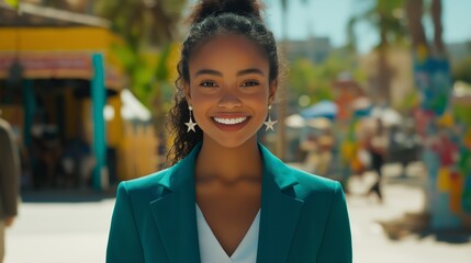 Young female politician with medium dark skin in urban setting for political campaign poster design
