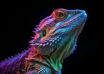 Fototapeta premium iguana in neon shade on a black background