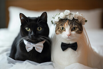 White persian cat bride in wedding dress with bridal bouquet and black cat groom in classy tuxedo. Animal anthropomorphic characters for wedding party design.