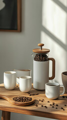 Creative arrangement of coffee accessories, including cups and beans, styled on wooden surface