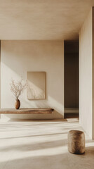 Spacious minimal hallway with clean lines, vase, and art piece