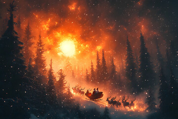 Obraz premium Santa Claus Flying in Sleigh over Snowy Forest at Sunset 