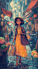 Vibrant cartoon style fashionista shopping in lively market, enjoying atmosphere