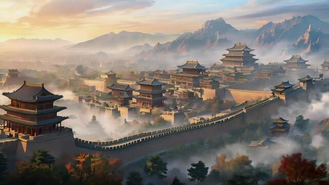 Ancient China (Han Dynasty): A panoramic view of Xi&rsquo;an, showcasing a grand palace, pagodas, walled enclosures, and winding sections of the Great Wall under a misty sky.