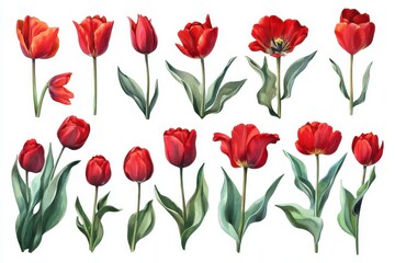 Obraz premium Collection of watercolor red tulips Isolated paintings of spring and summer blossoms on white background Vector art