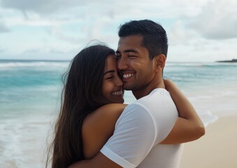 Fototapeta premium A man and woman are hugging on a beach