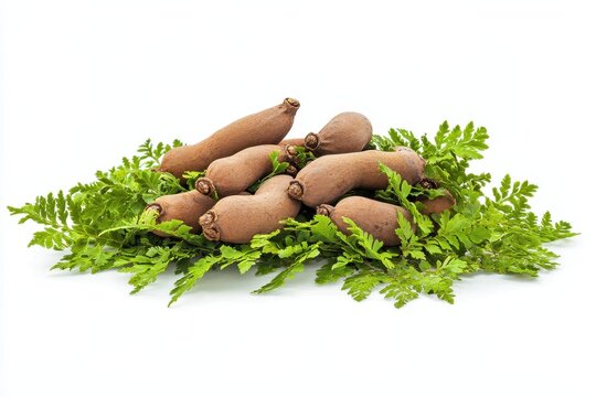 Collection of tamarinds with green foliage on white backdrop