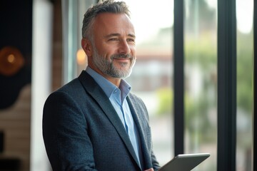 Fototapeta premium Content middle aged CEO in a suit standing in an office and using a tablet with a thoughtful expression