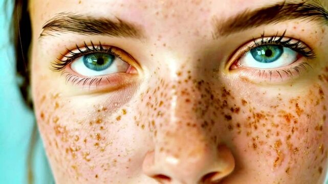 Young woman's face is full of pimples and spots on her skin