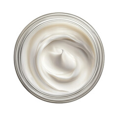 Top view of smooth cream in a clear jar, showcasing a rich texture and glossy finish