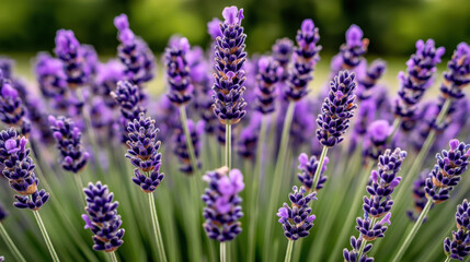 Fototapeta premium Close-up view of vibrant lavender flowers with blurred green background, showcasing their vivid purple hues and delicate structures in a natural garden setting.