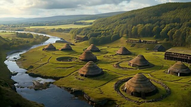 Celts (Iron Age Europe): A view over a Celtic hillfort with wooden walls, roundhouses, and open fields, surrounded by forests and winding rivers.