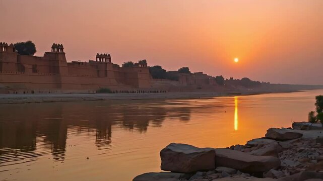 Ruins of Mohenjo-Daro at Dusk: A distant view of Mohenjo-Daro from across the Indus River, with the ruins of a thriving city faintly visible under a sunset sky.
