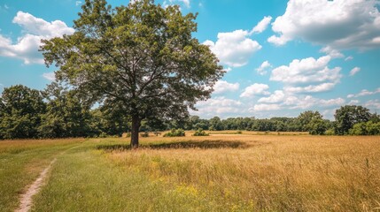 Obraz premium A lone tree stands tall in a grassy field, with a dirt path leading through the tall grass towards a line of trees in the distance. The sky is blue with fluffy white clouds.