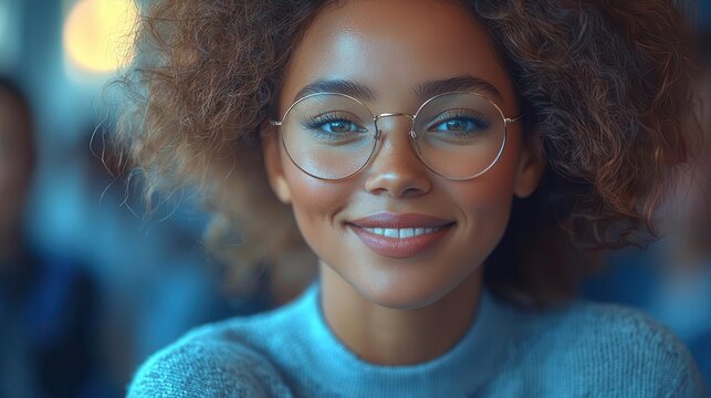 A young woman with curly hair and glasses smiles warmly, exuding confidence and approachability in a vibrant setting.