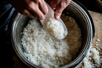 Hands scoop rice from an electric cooker with a plastic spoon
