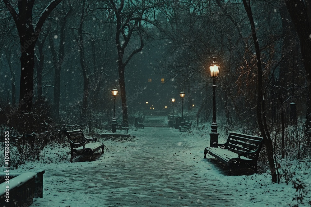 Poster a snow-covered path lined with benches and lampposts in a park during a winter evening.