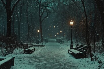 A snow-covered path lined with benches and lampposts in a park during a winter evening.