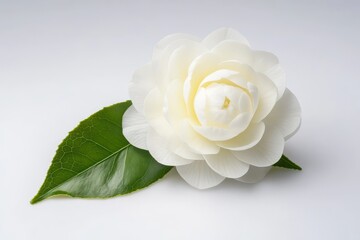 Isolated camellia bloom and leaf on white background