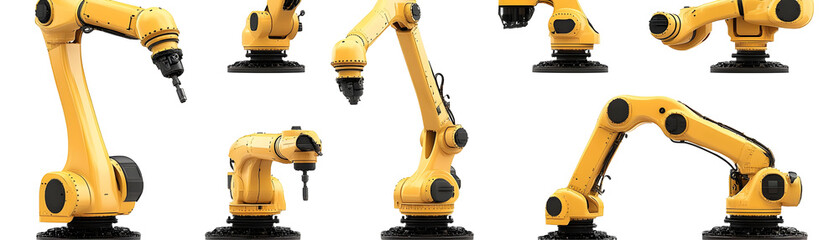 Yellow Industrial Robotic Arm with Black Joints in Various Poses Isolated on a Transparent Background