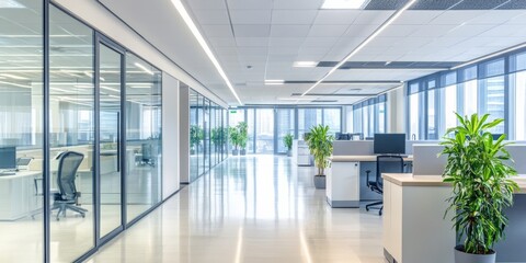 A blurry photo of a modern office, showing a wide view of the space.