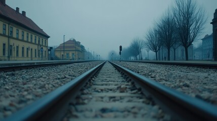 Fototapeta premium A low angle view of two train tracks in a misty cityscape. The tracks vanish into the fog and the buildings are out of focus in the background.