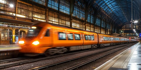 Obraz premium A bright orange passenger train races through a station at sunset. The blur of its speed captures the modern rush of railway travel.