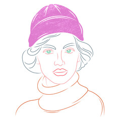 Portrait of a cute girl in a warm hat.Beautiful young woman in a sweater.Colored lines.Flat design.Minimal line art.
