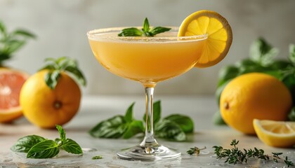 Fototapeta premium Citrus Cocktail with Lemon Wedge and Basil Garnish
