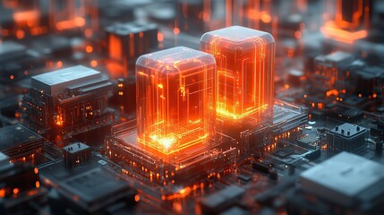 digital illustration of an advanced technology hub with smart packaging and microchips