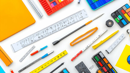 Colorful assortment of stationery and craft supplies on a white background.