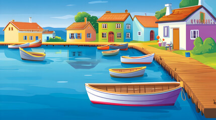 Obraz premium Colorful houses line a waterfront dock with boats in the water.