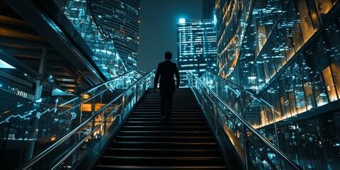 Fototapeta premium A businessman walks up the stairs of a Bangkok skyscraper at night. The image shows arrows and lines, representing the growth of a smart city and the connected world of business and technology.