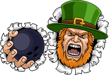 An angry Leprechaun Celtic Irish cartoon character holding Bowling ball sports team mascot illustration.