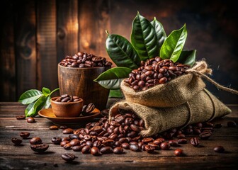 Fototapeta premium Rustic Charm of Coffee Beans Flowing from a Burlap Bag Captured in Stunning Architectural Photography with a Focus on Texture, Light, and Natural Elements