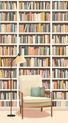 Comfortable armchair with floor lamp in front of a large bookshelf filled with books.