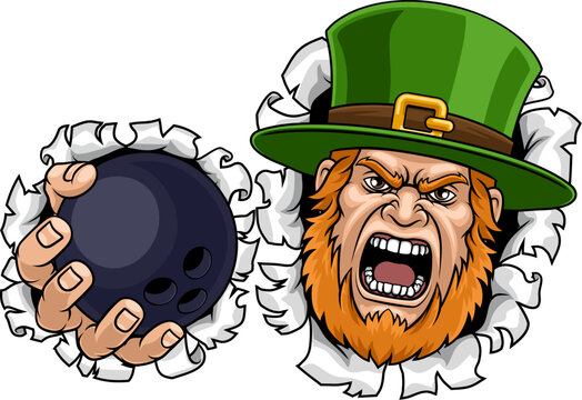 An angry Leprechaun Celtic Irish cartoon character holding Bowling ball sports team mascot illustration.