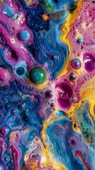 Vibrant swirling colors and bubbles create an abstract, fluid art piece, capturing the beauty of liquid motion and texture.