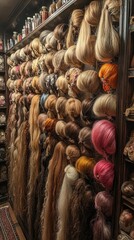 Vibrant collection of wigs in multiple colors and styles displayed on shelves, highlighting diversity and customization options.